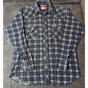Vintage 70s Ely Wagon Boss Men's L Blue Flannel Pearl Snap Cowboy Western Rodeo